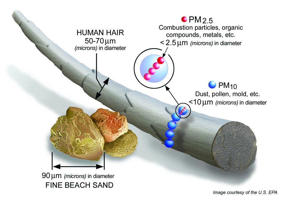 Diagram comparing the size of PM2.5 and PM10 particles to a human hair and a grain of fine beach sand